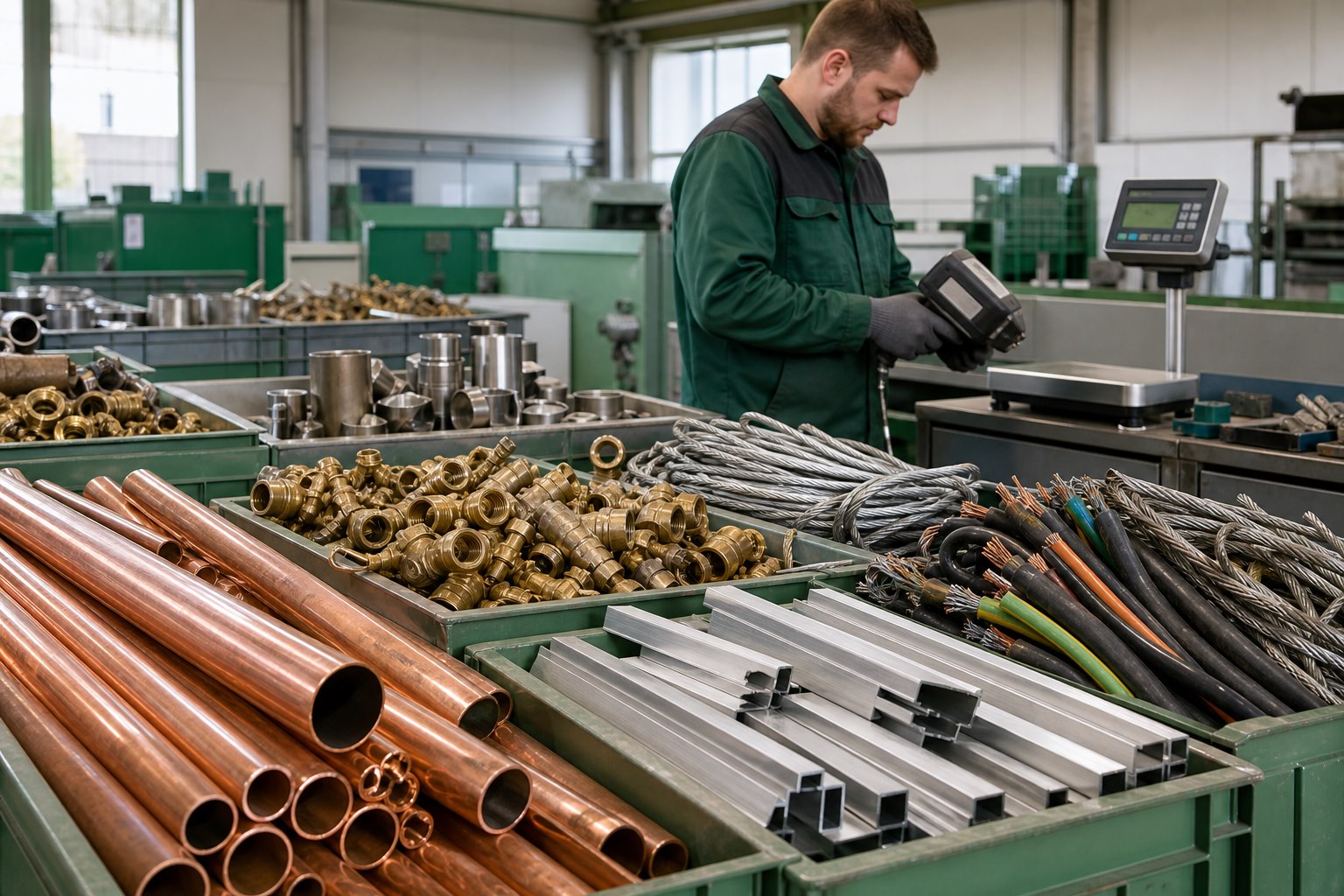 Sortierte Metalle werden beim Schrottankauf geprüft und verwogen