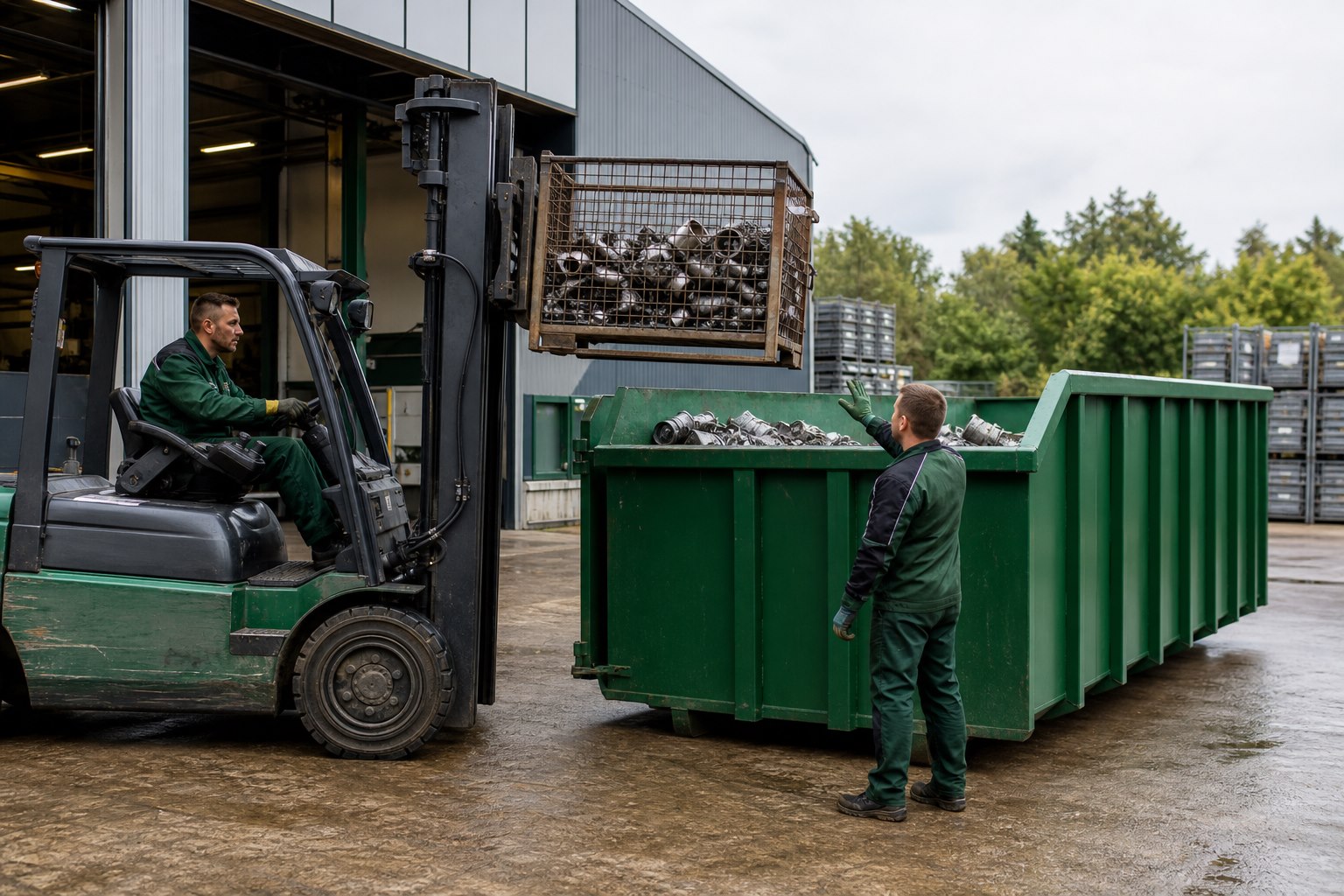 Gewerbeschrott wird mit einem Container am Betrieb übernommen