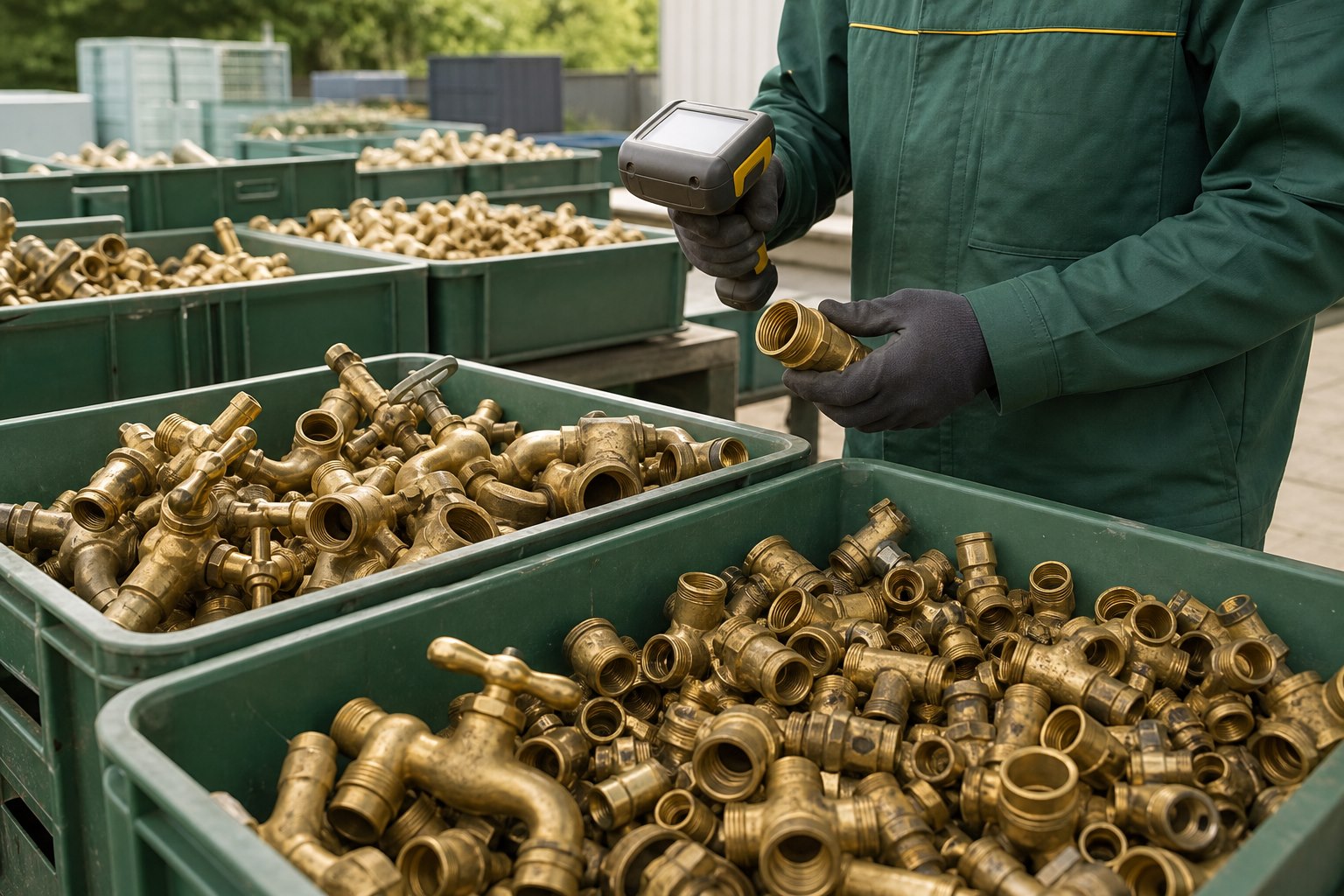 Sortierte Messingarmaturen werden geprüft
