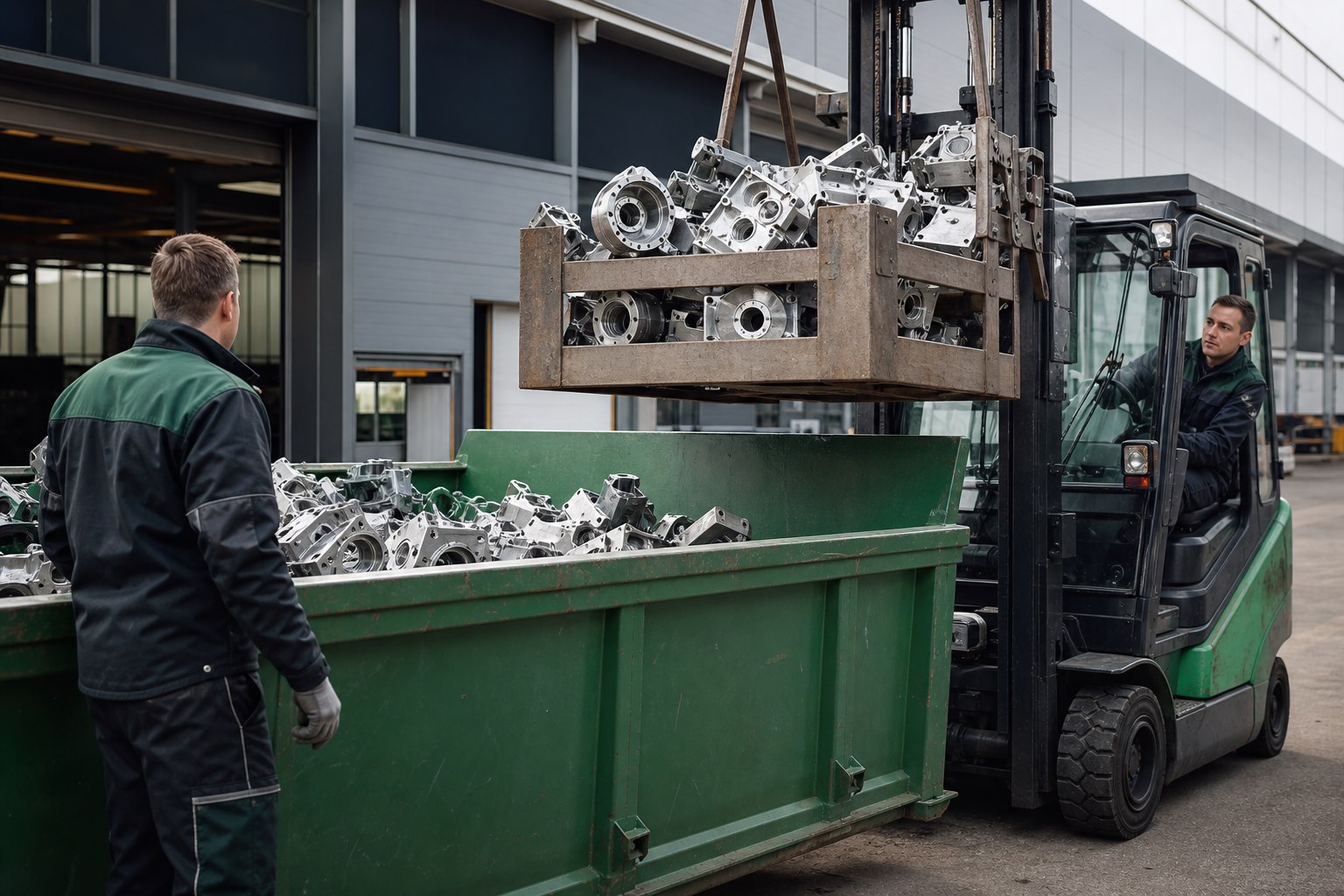 Gewerbliche Metallreste werden in einen Container geladen